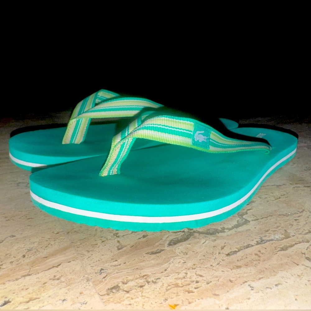 Lacoste Women’s Flip Flops – Size 10 – Teal & Green Striped
